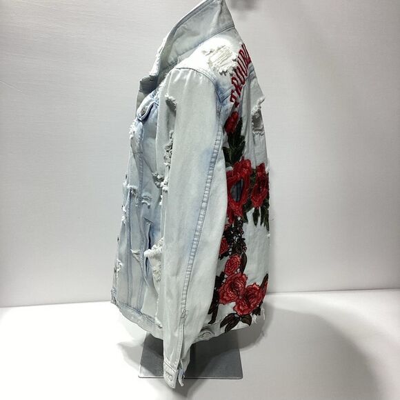 Emory Park Patch Work Rose Troublemaker Distressed Jean Denim Jacket Shacket - Picture 4 of 16
